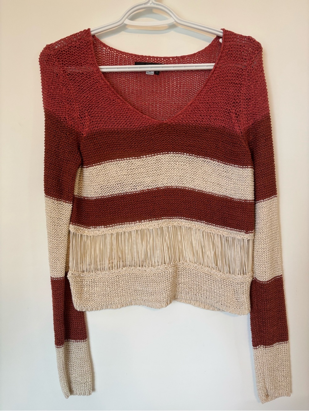 Only Striped V‑Neck Fringe Sweater in Rust & Cream